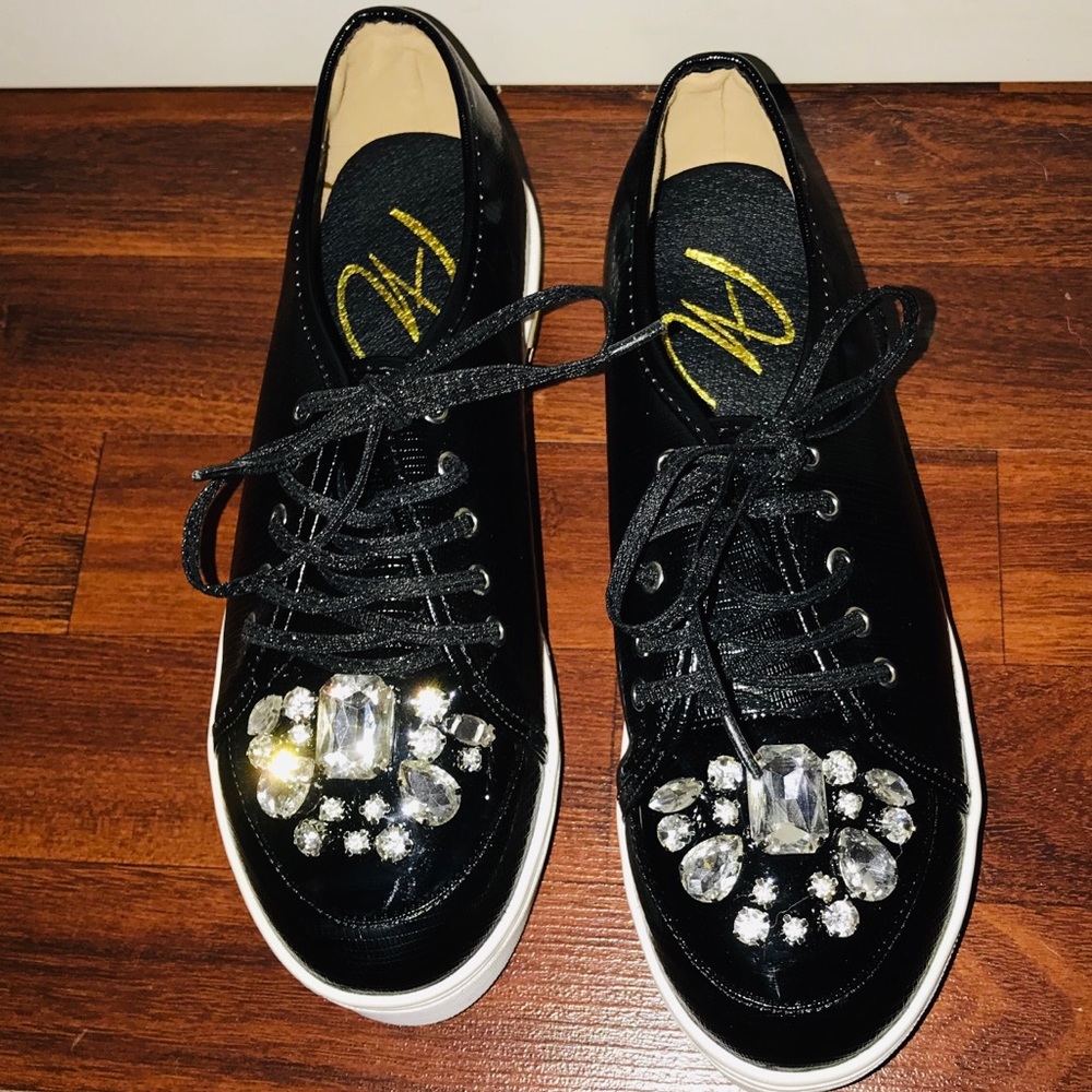 Faux Snake Skin Black Bejeweled Sneakers